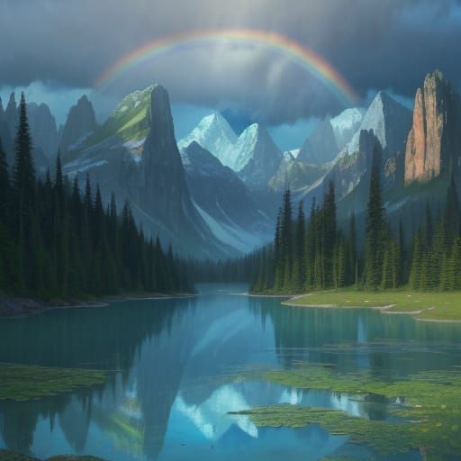 Impressionistic Rainbow Over Mountain Lake