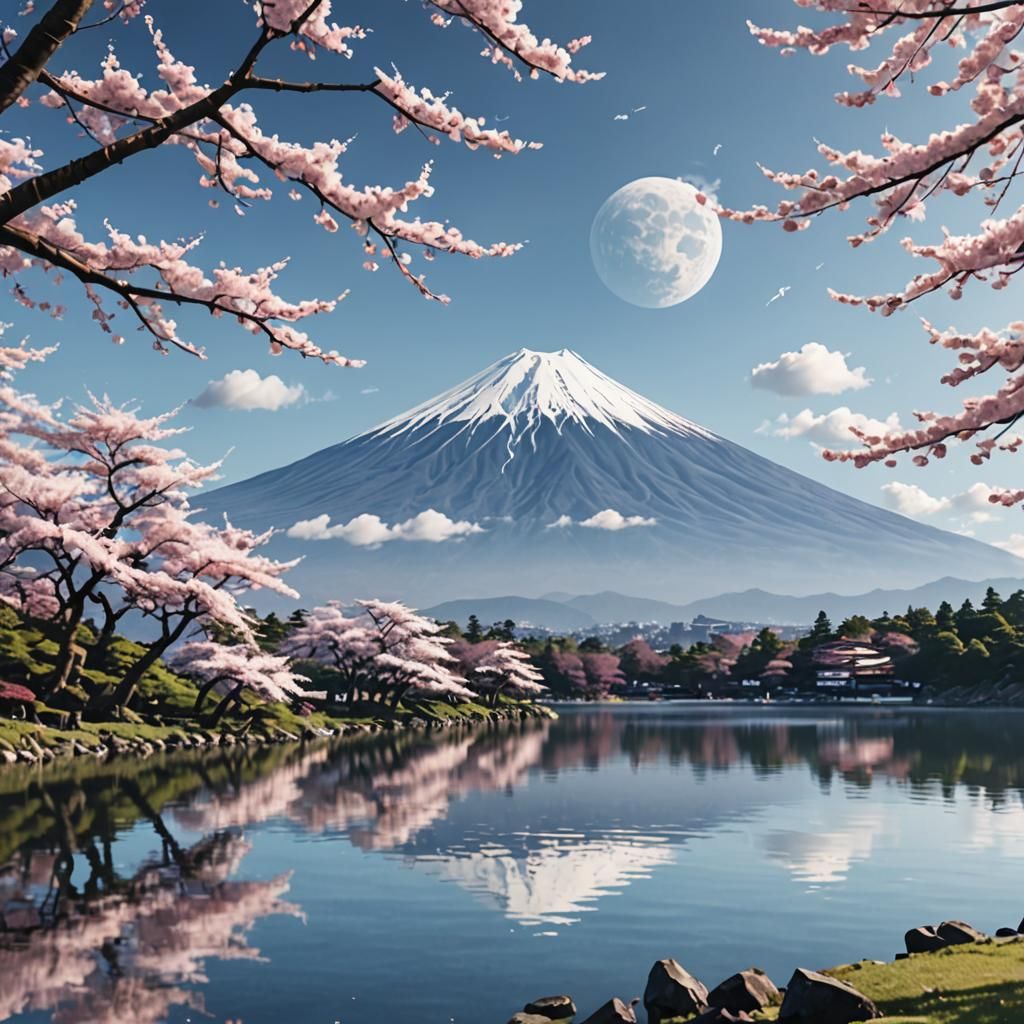 Mount Fuji Cherry Blossom Primitivism Landscape