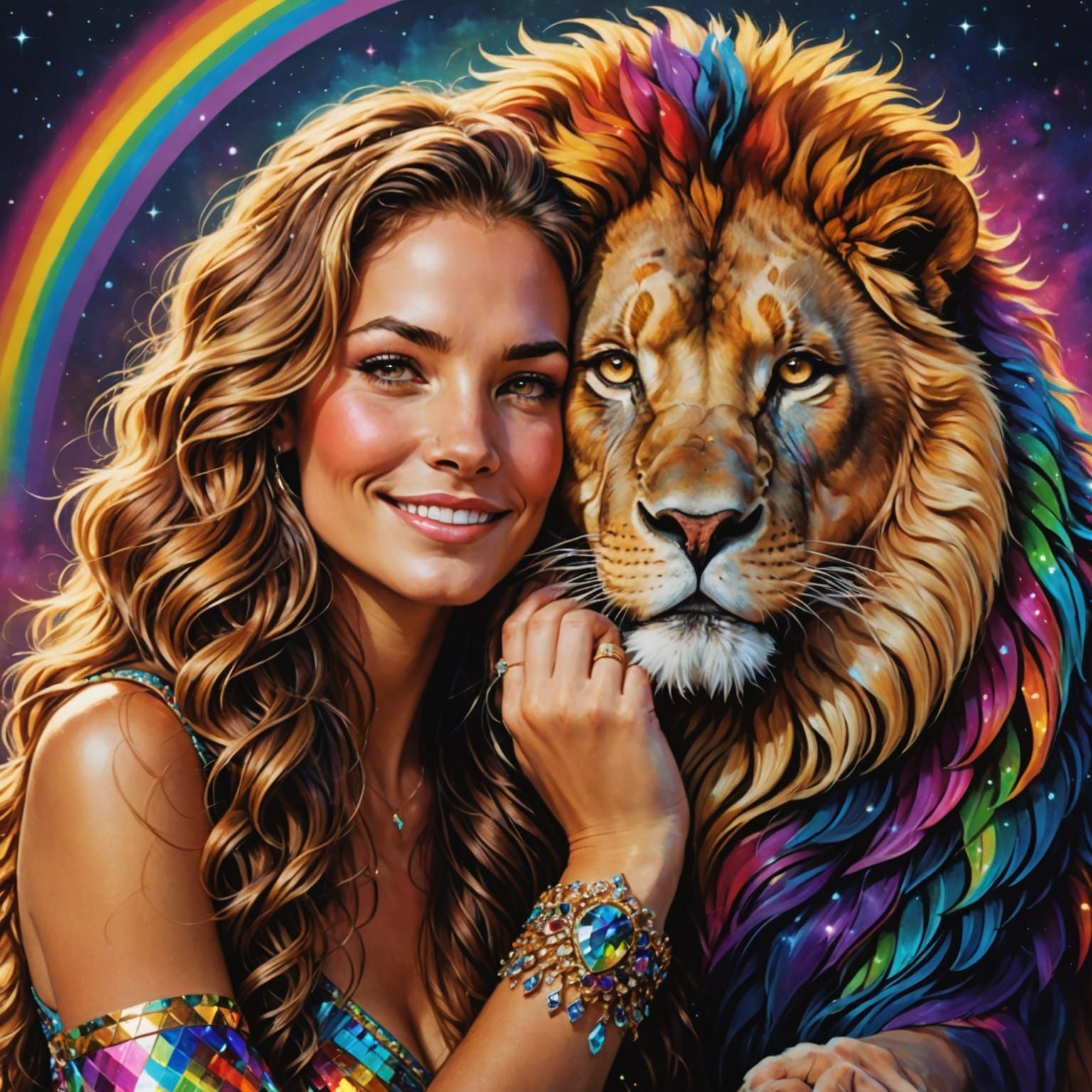 Enchanted Dream Goddess Embracing Golden Lion in Radiant Par...