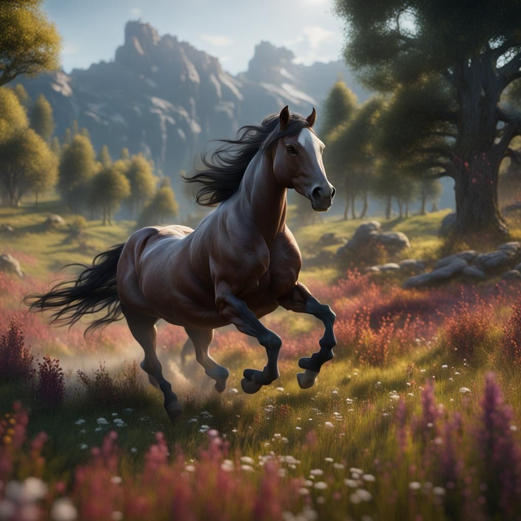 Wild Horse Galloping Through Meadow: Fantasy Art