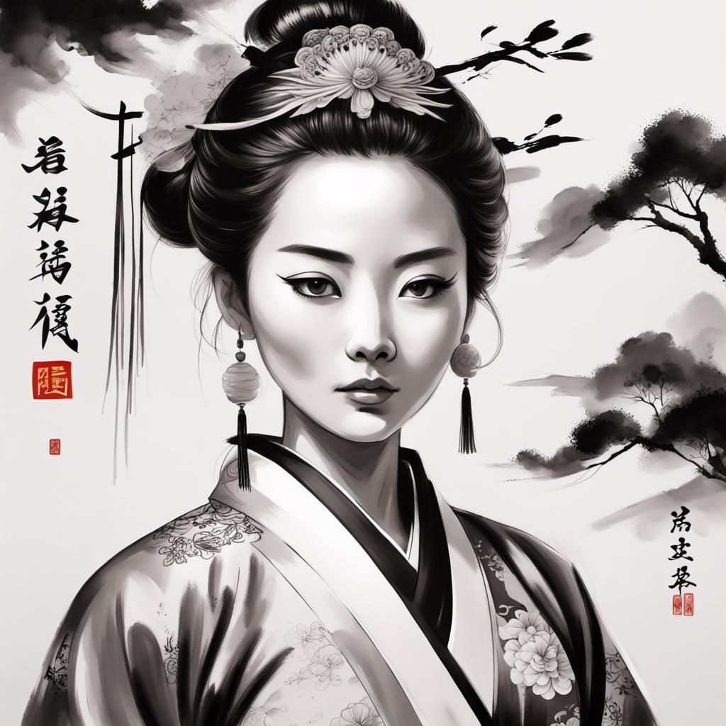 Monochrome Painting of Woman in Calligraphy Style
