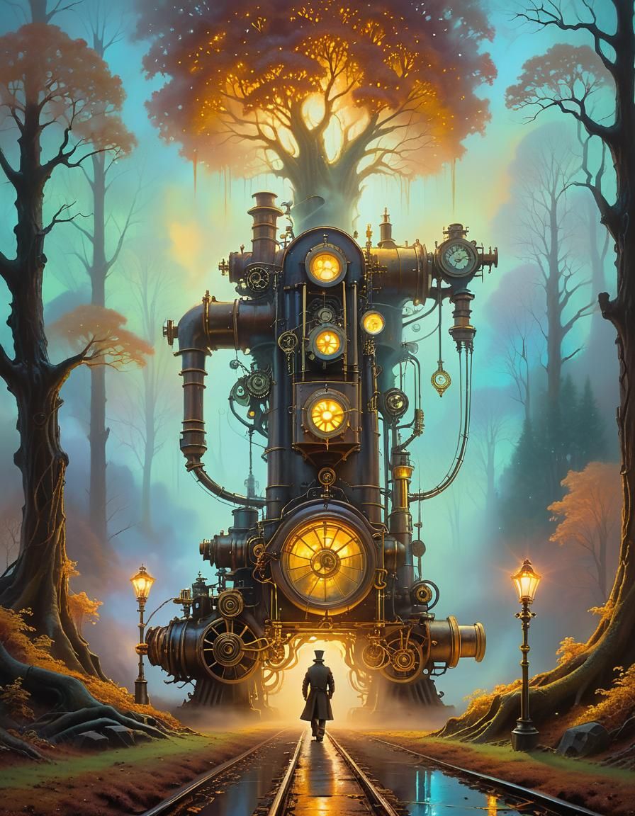 Ethereal Steampunk Fantasy with Glowing Trees