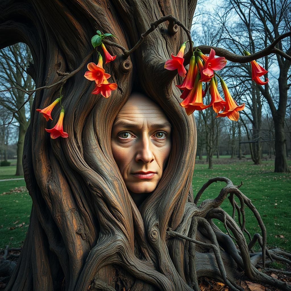 Surreal Face Emerges from Tree in Dreamscape
