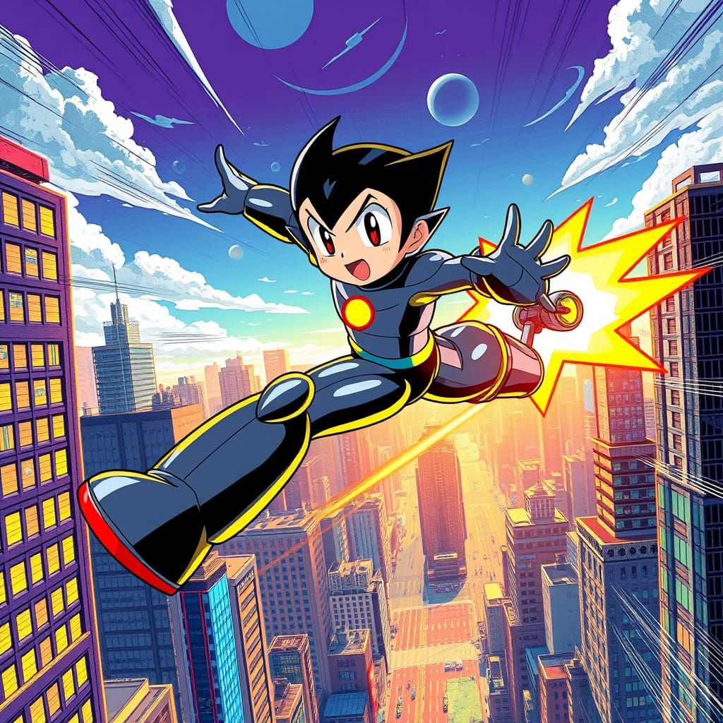 Golden Astro Boy Soars Through City Skies