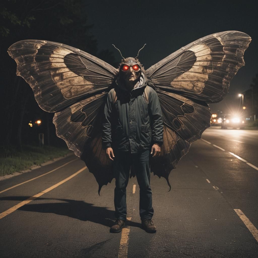 Eerie Mothman Figure on a Dark Road