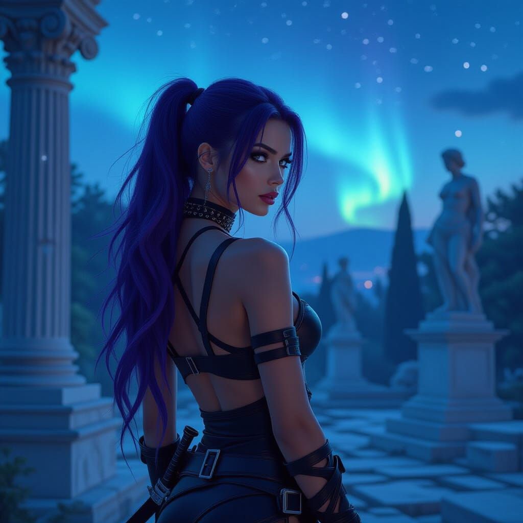 Purple-Haired Assassin in Aurora-Lit Garden: Photorealistic ...