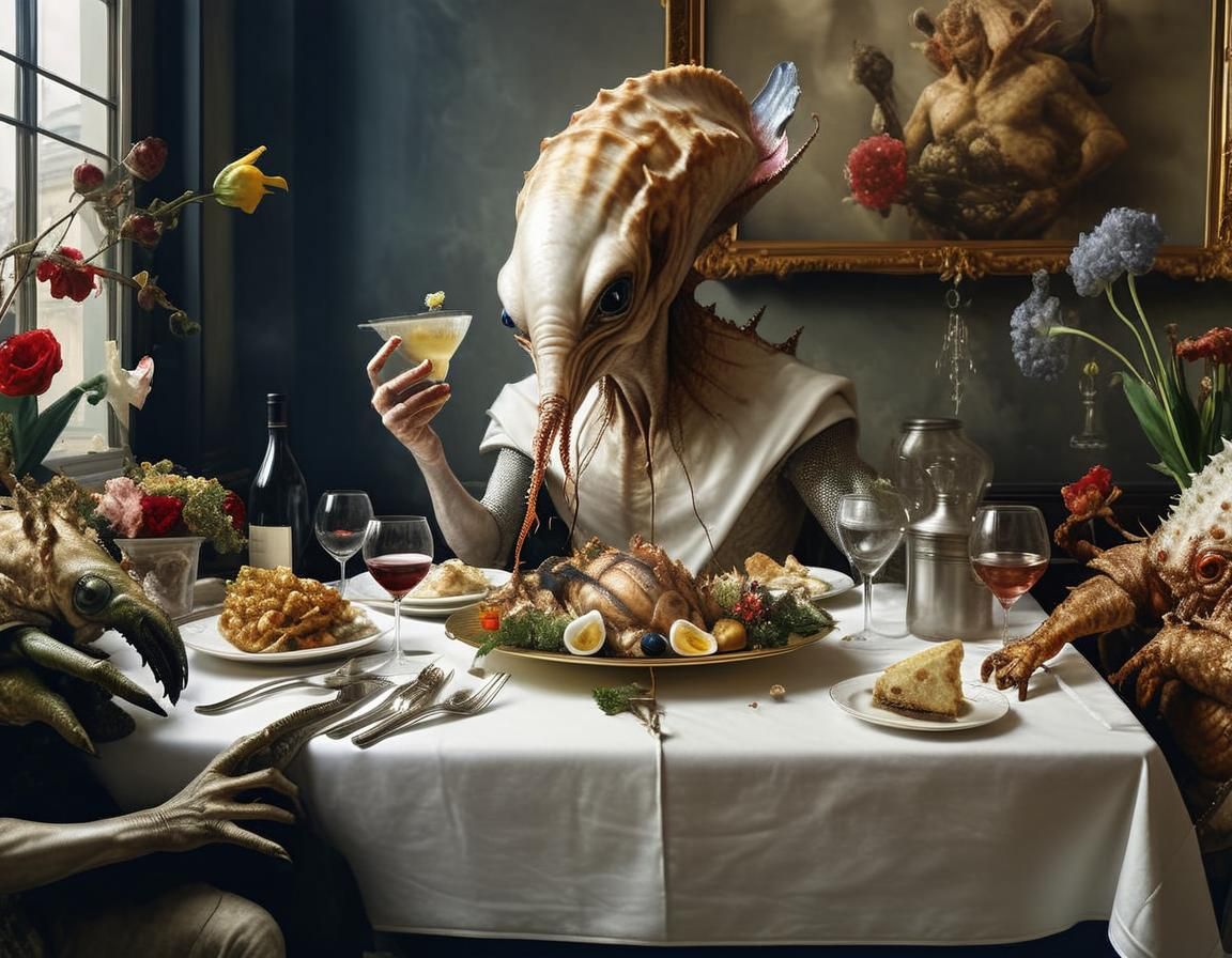 Exotic Aliens Celebrate in Restaurant, Surreal Art