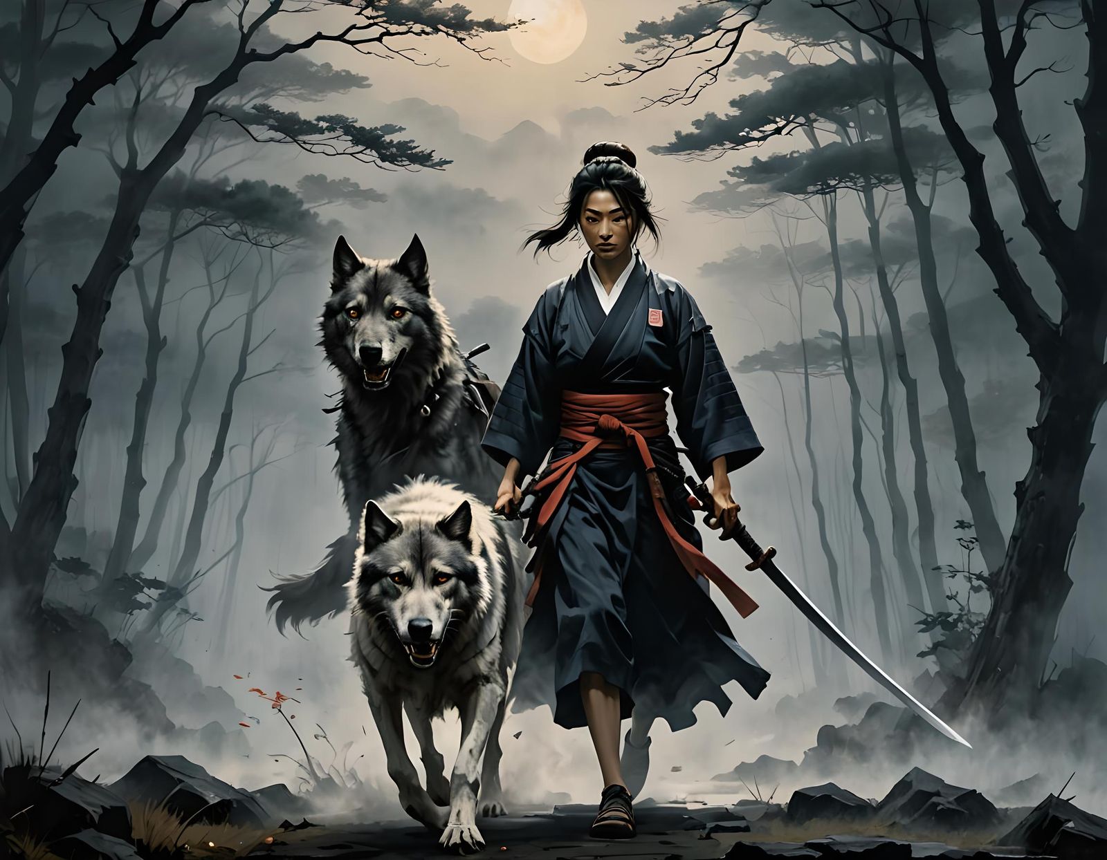 Samurai Woman with Sword in Fog, Dramatic Lighting