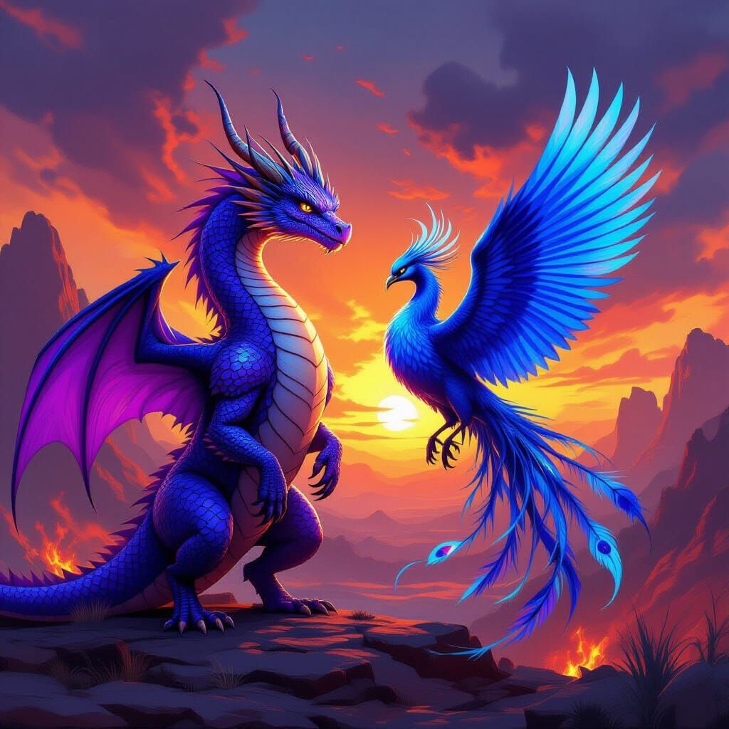 Majestic Dragon and Phoenix in a Fiery Landscape