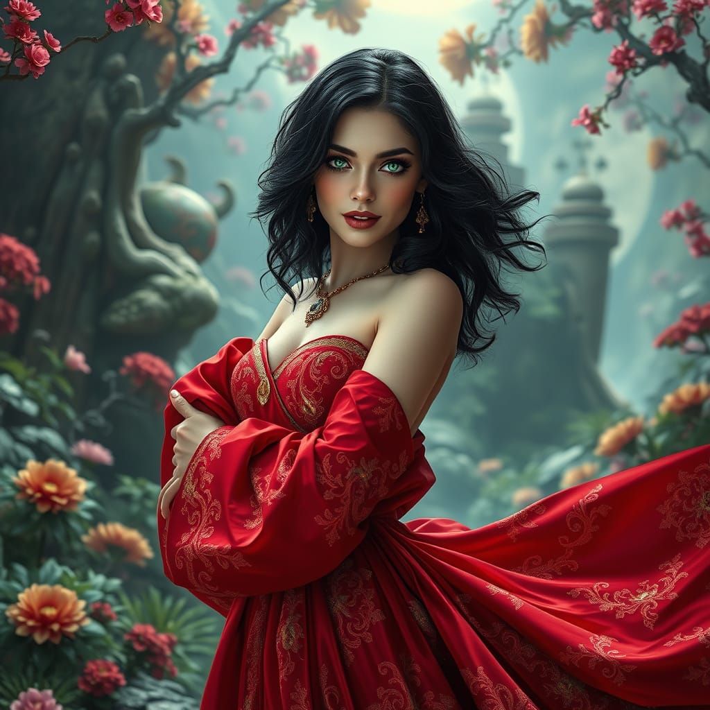 Ethereal Goddess in Crimson Splendor