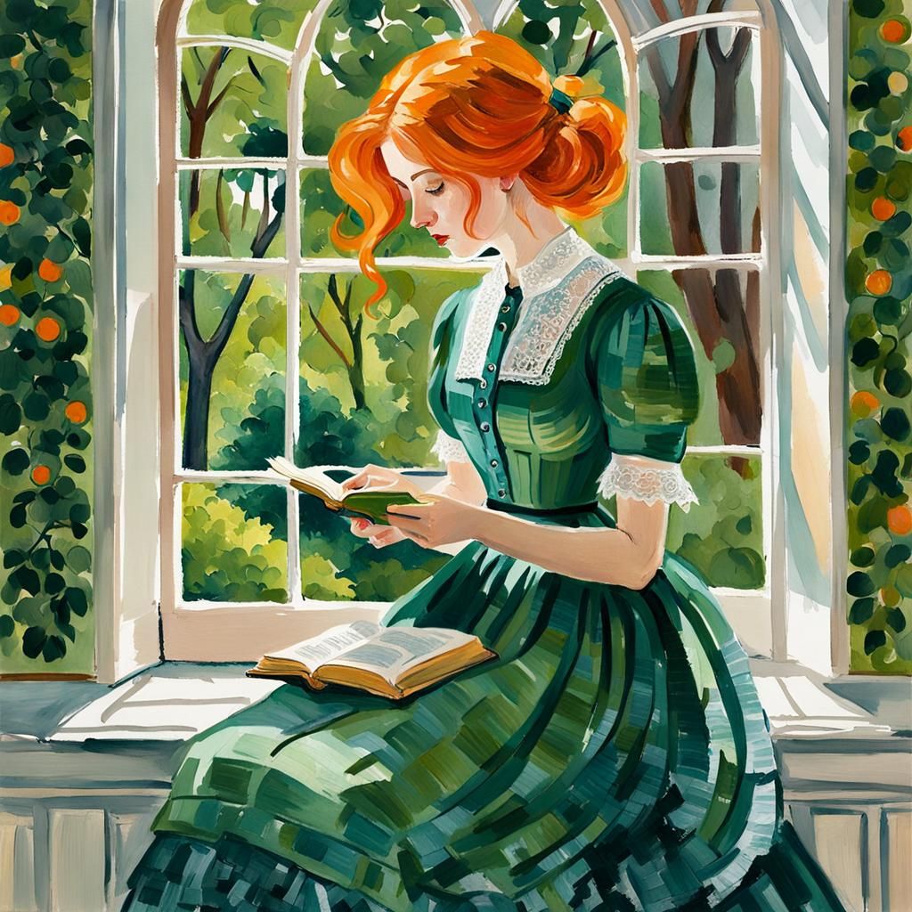 Girl Reading by Window in Impressionist Gouache Style