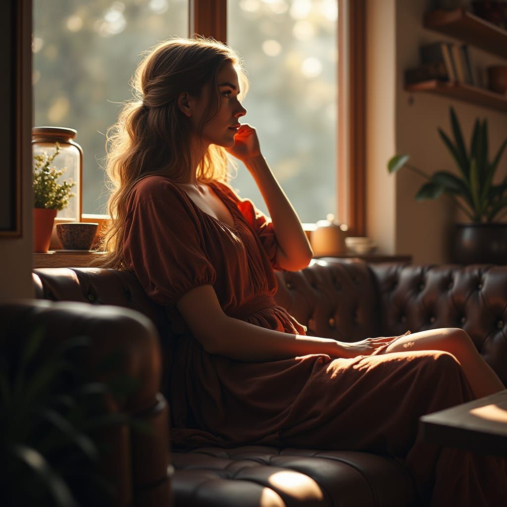 Woman in Coffee Shop: Detailed Matte Painting