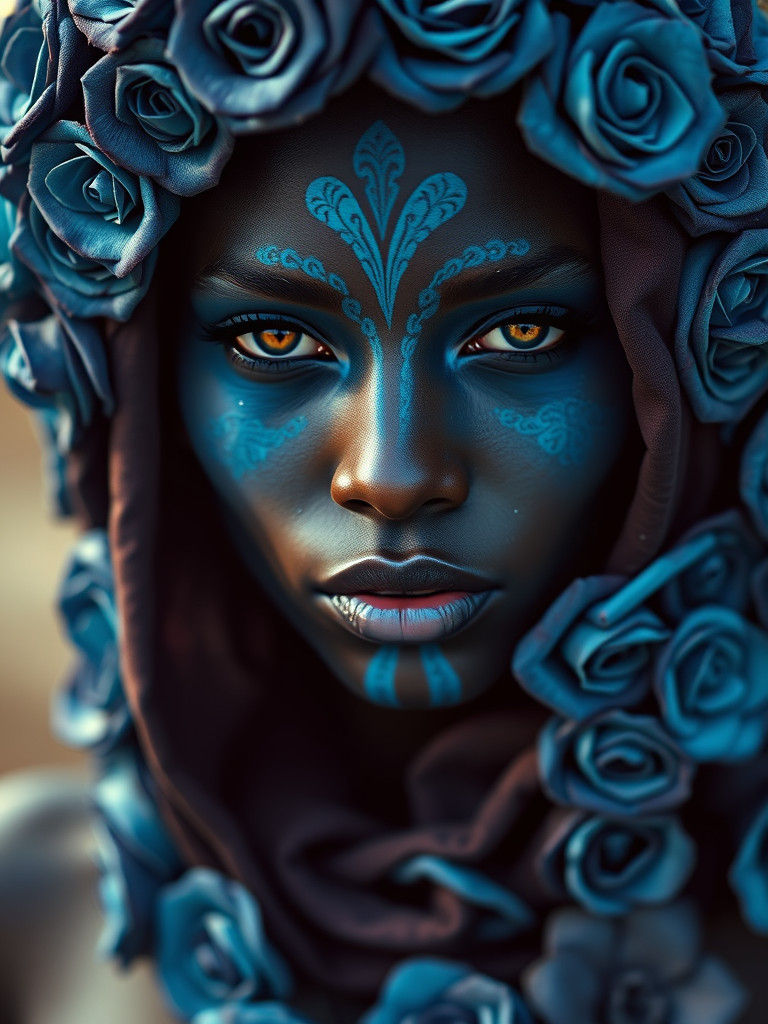 Exotic Woman in Roses and Blue Body Paint