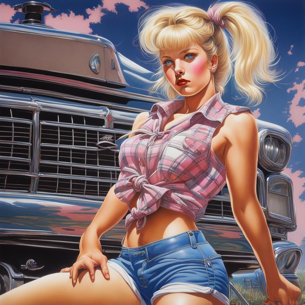 Voluptuous Woman with Pigtails in 80s Style