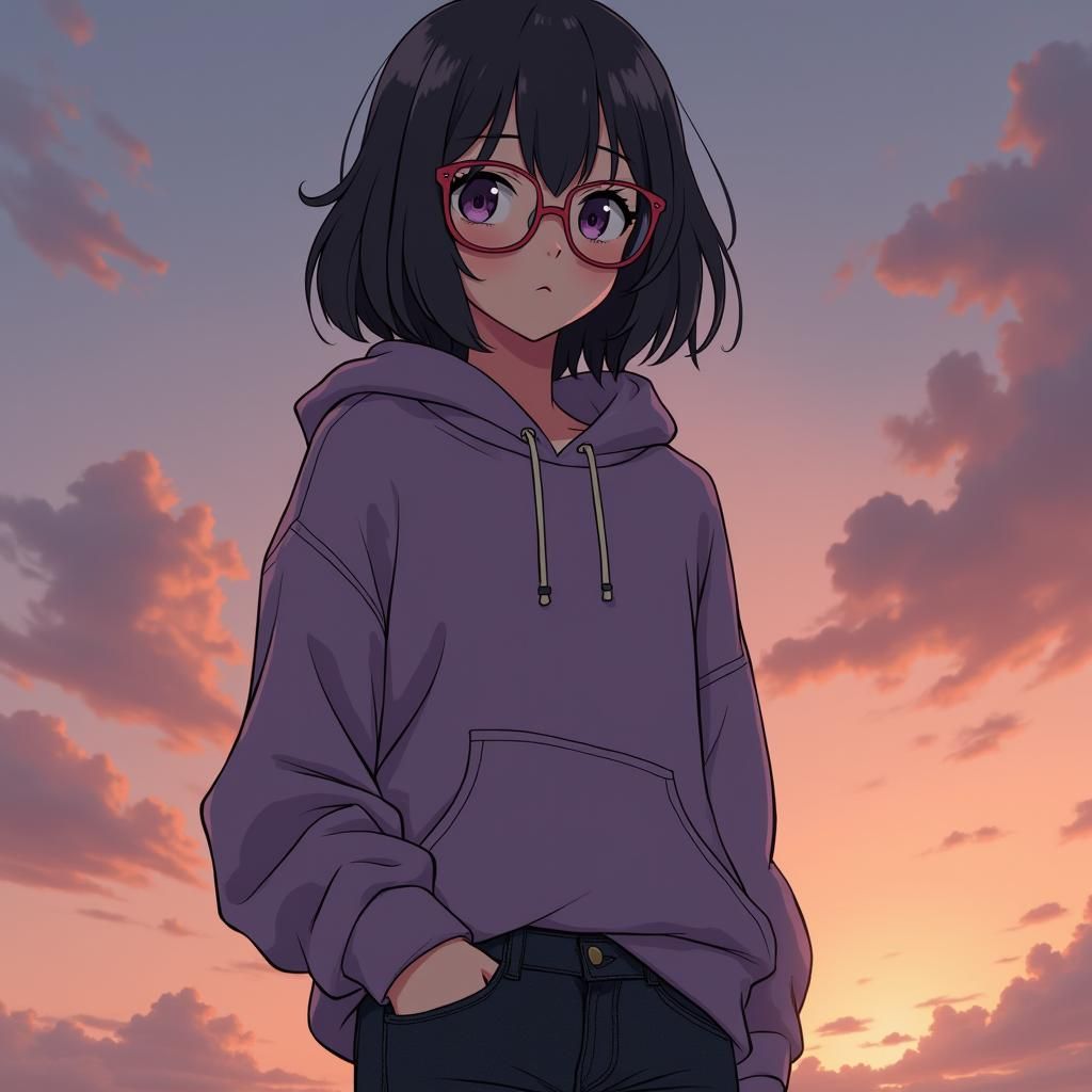 Anime Girl in Hoodie at Sunset, Shoujo Manga Style