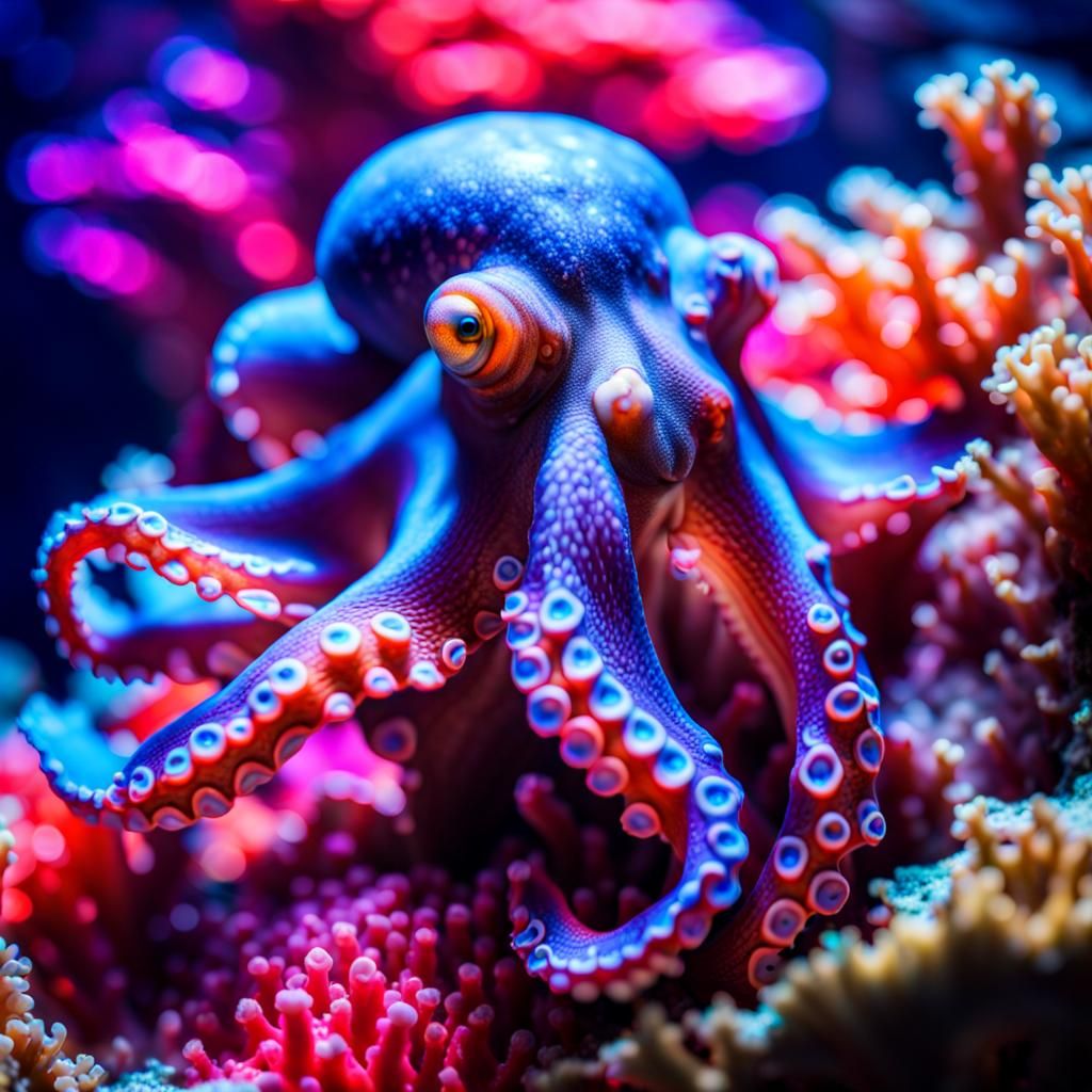 Octopus Camouflage on Neon Coral Reef in HDR
