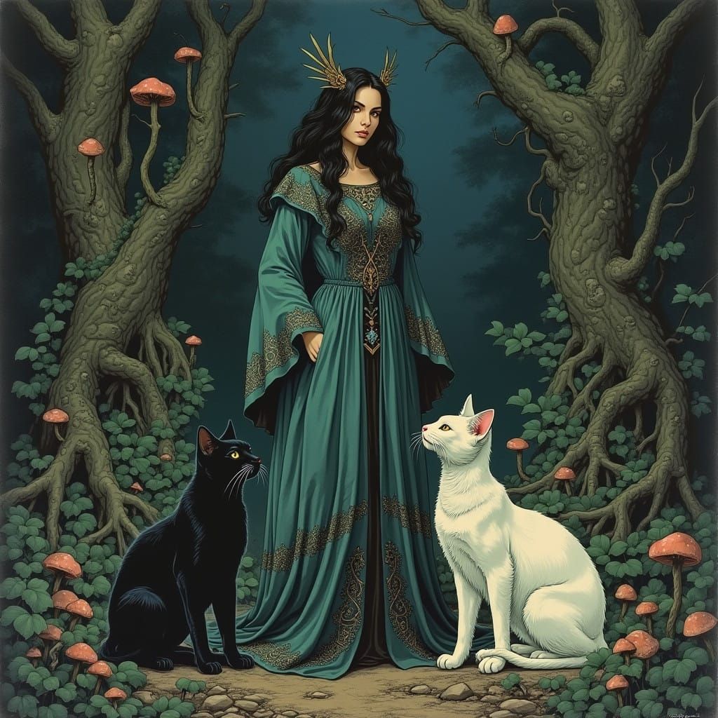 Mystical 1970s Fantasy Woman with Majestic Cats