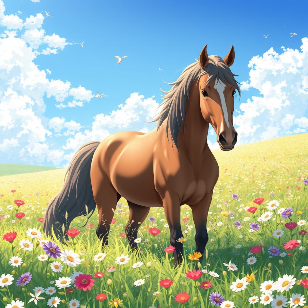 Horse in Flower Meadow: Anime Key Visual