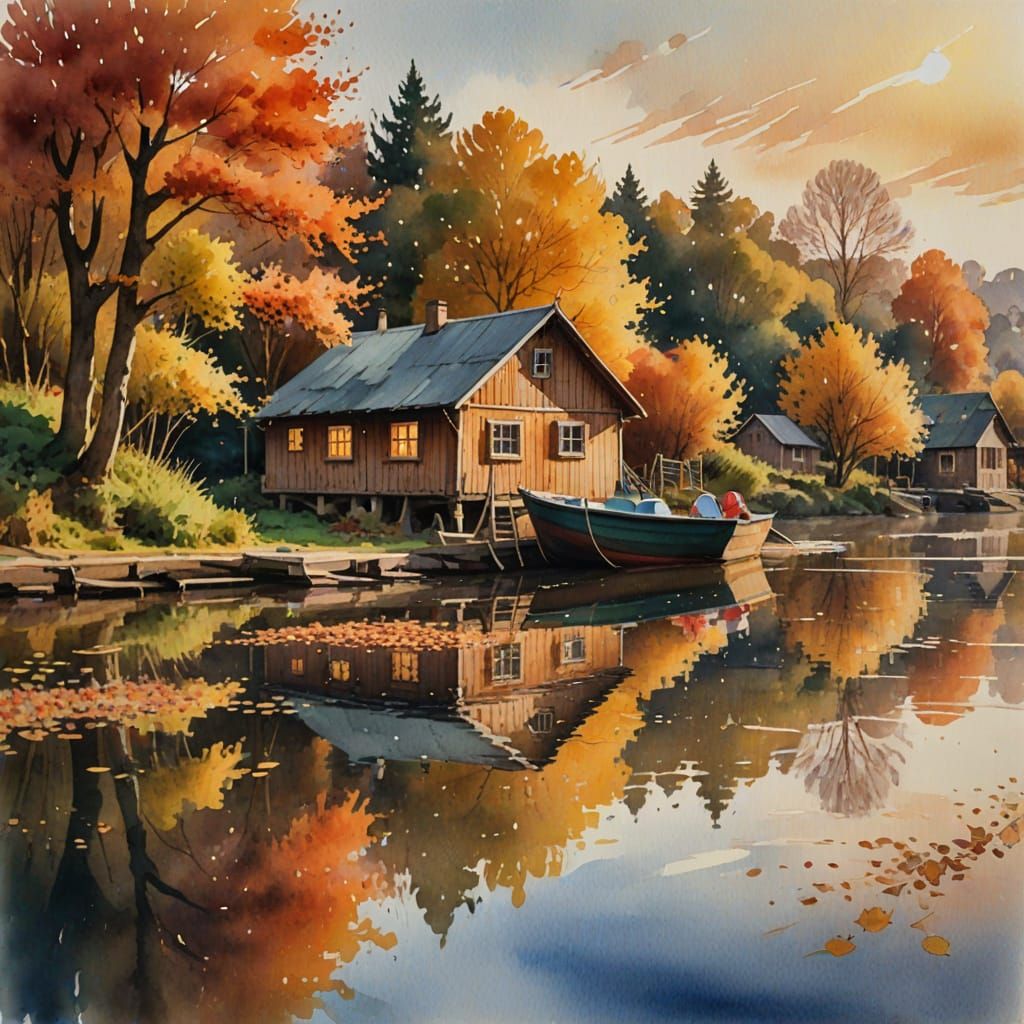 Autumn River Scene with Boat in Watercolor Style