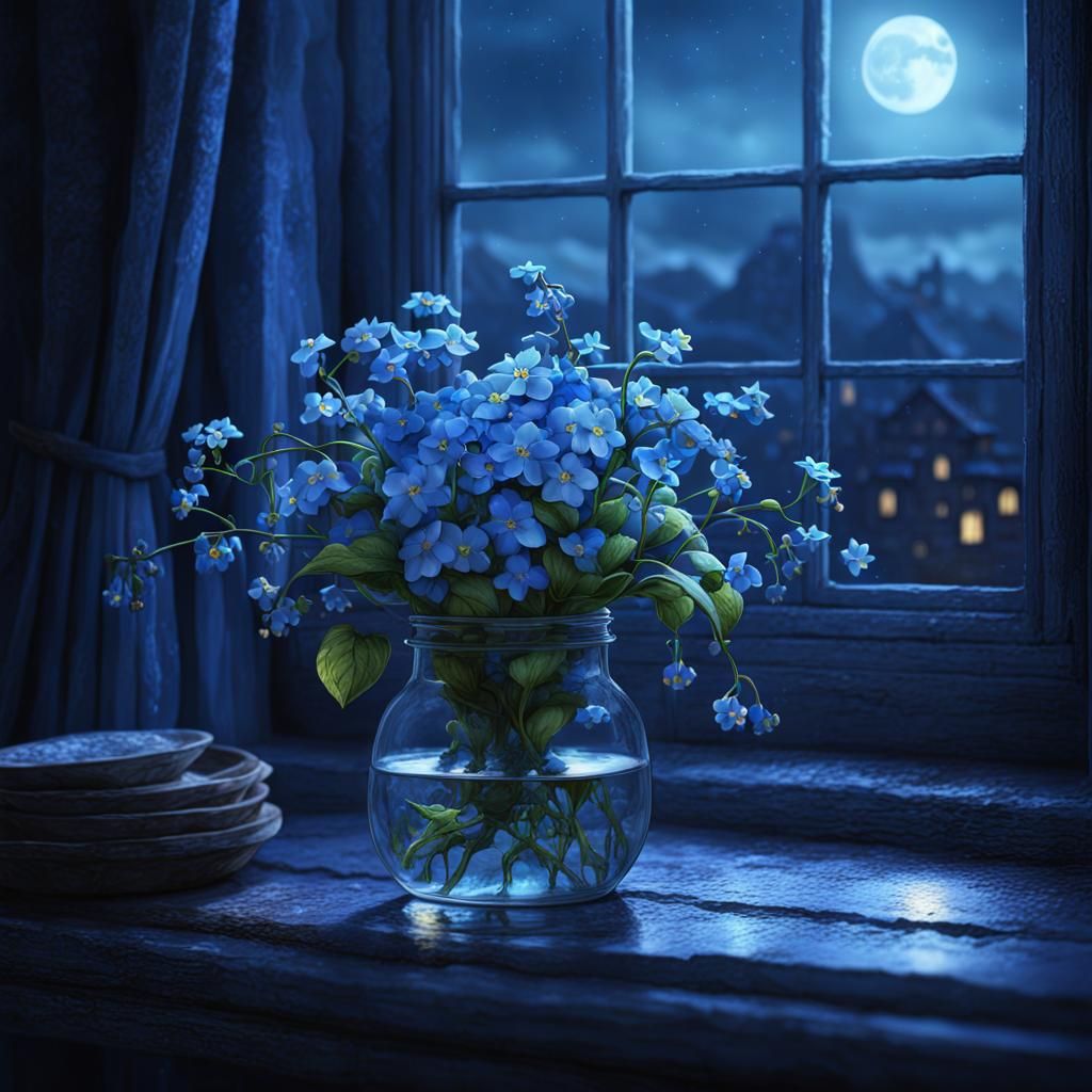 Moonlit Forget-Me-Nots: Detailed Matte Painting