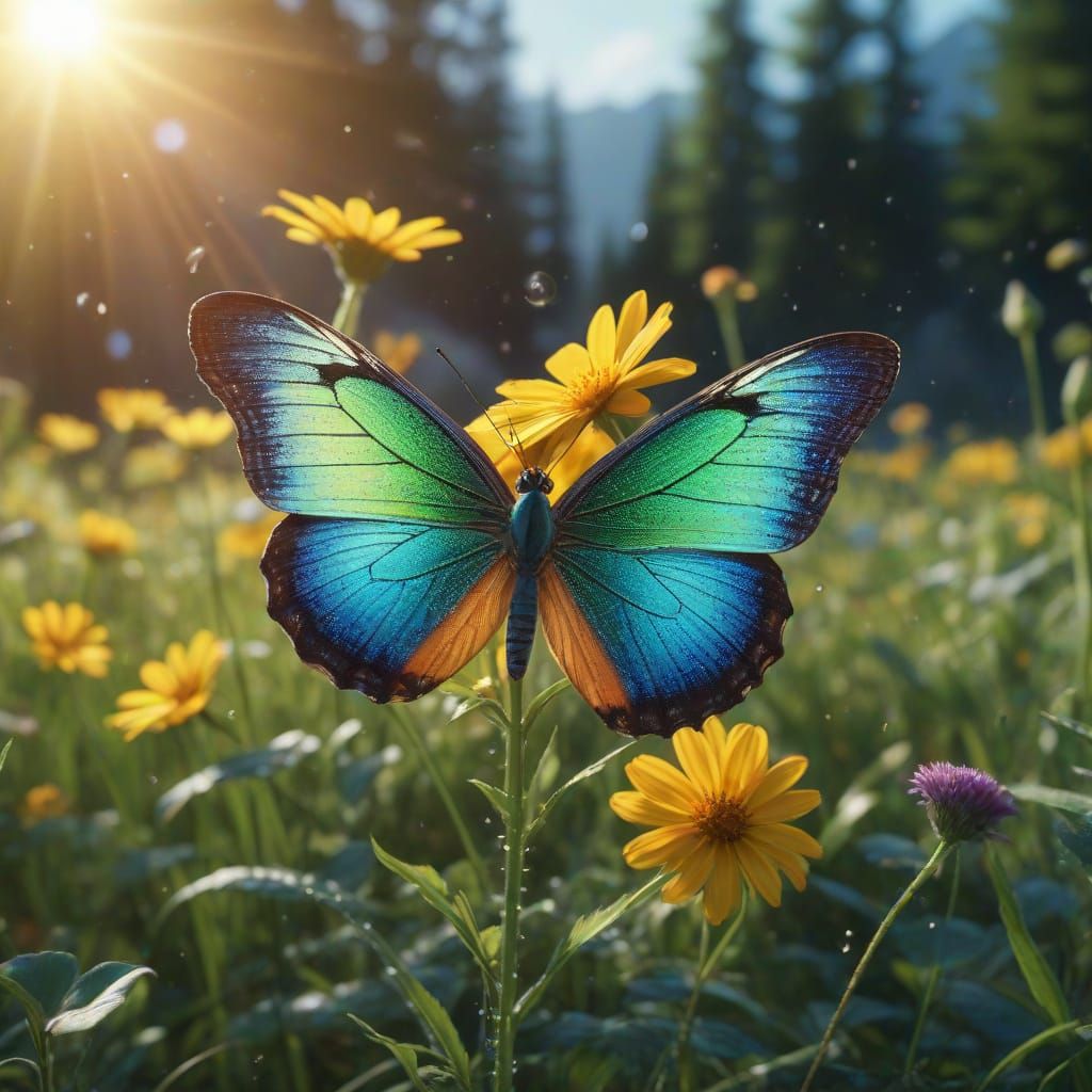 Vibrant Meadow Scene in Bright Sunlight with Rainbow