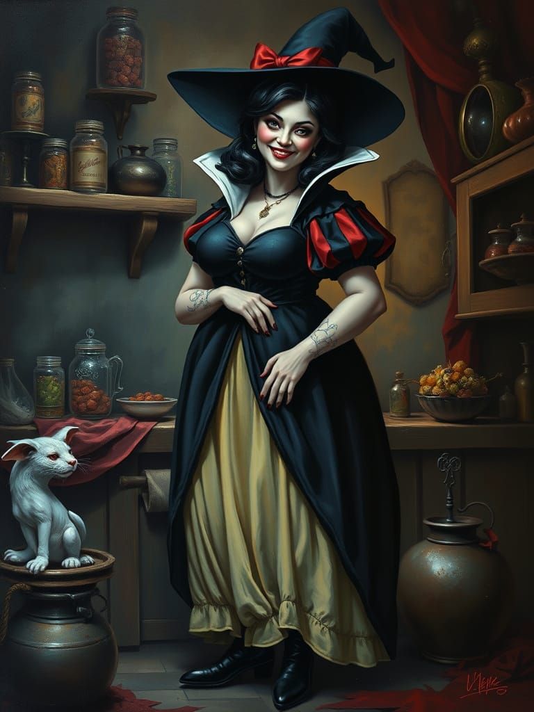Ominous Snow White in Witch Costume, Oil Paint Portrait