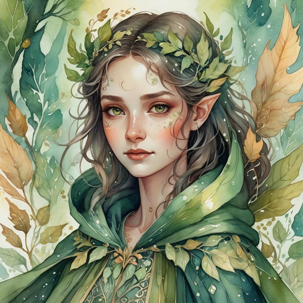 Fae-Girl Portrait with Opalescent Wings in Watercolor Style
