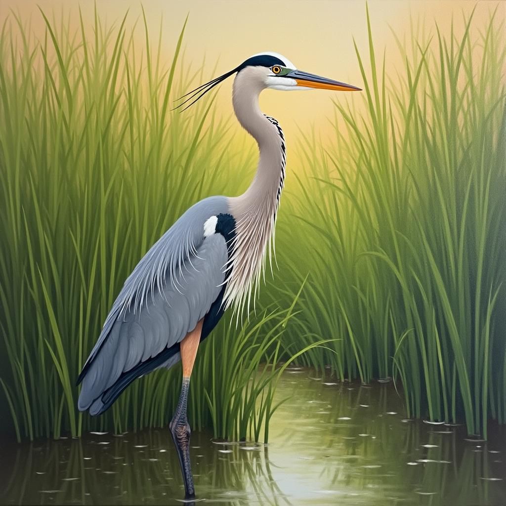 Heron in Reeds, Oil Painting in Gurney Style