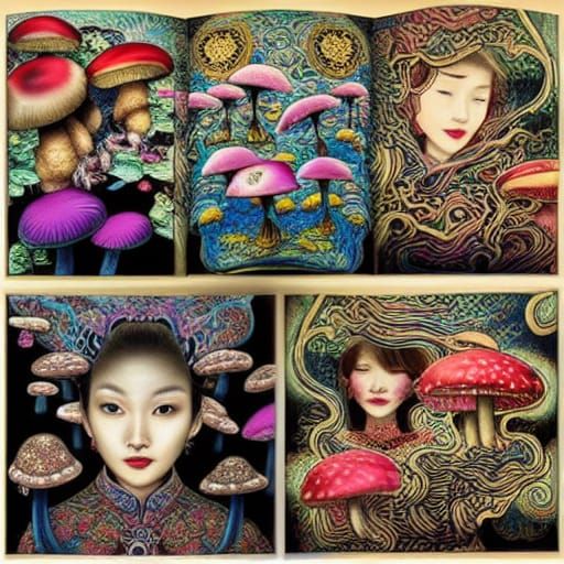 Chinese Woman's Psychedelic Mushroom Vision, Ink Art