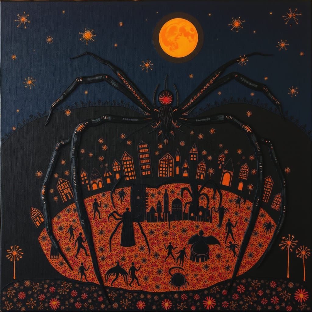 Gothic Spider City Among Autumn Leaves