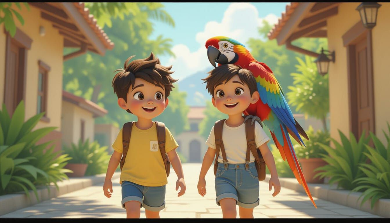 Children with Parrot in Joyful 3D Game Style