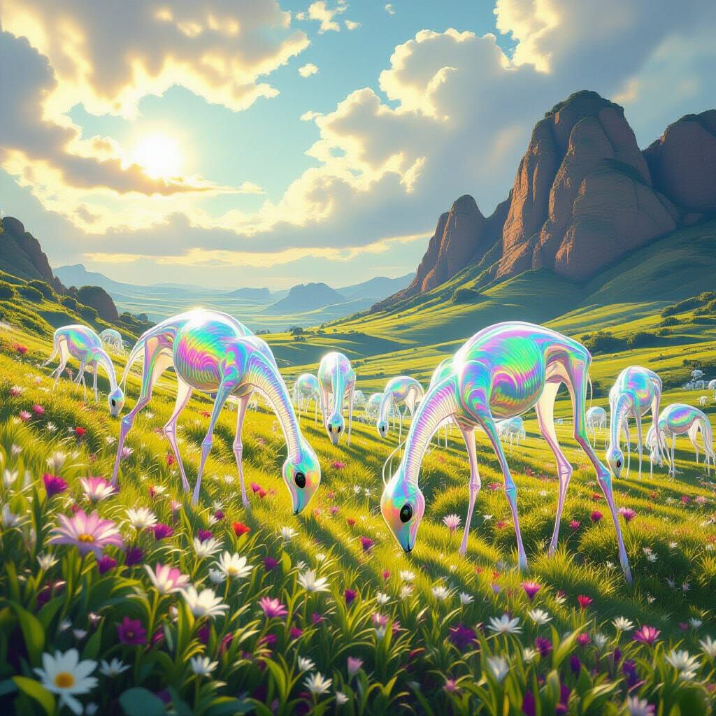 Iridescent Alien Herd Grazing in Dreamlike Meadow