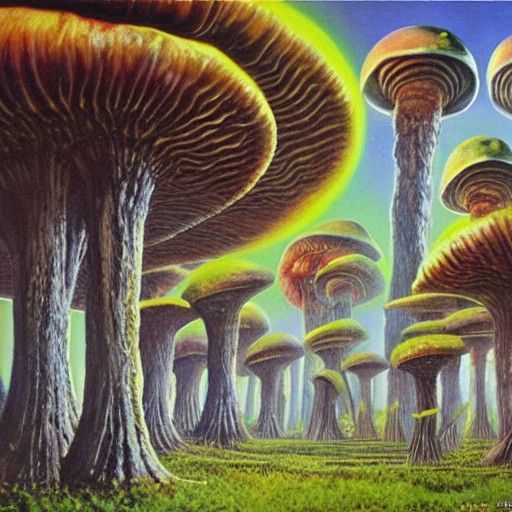 Alien Mushroom Planet in Oil Painting Style