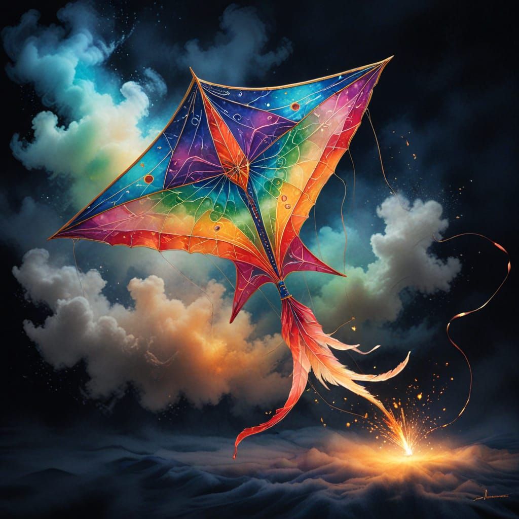 Luminous Fantasy Kite Flying in Colored Ink Wash