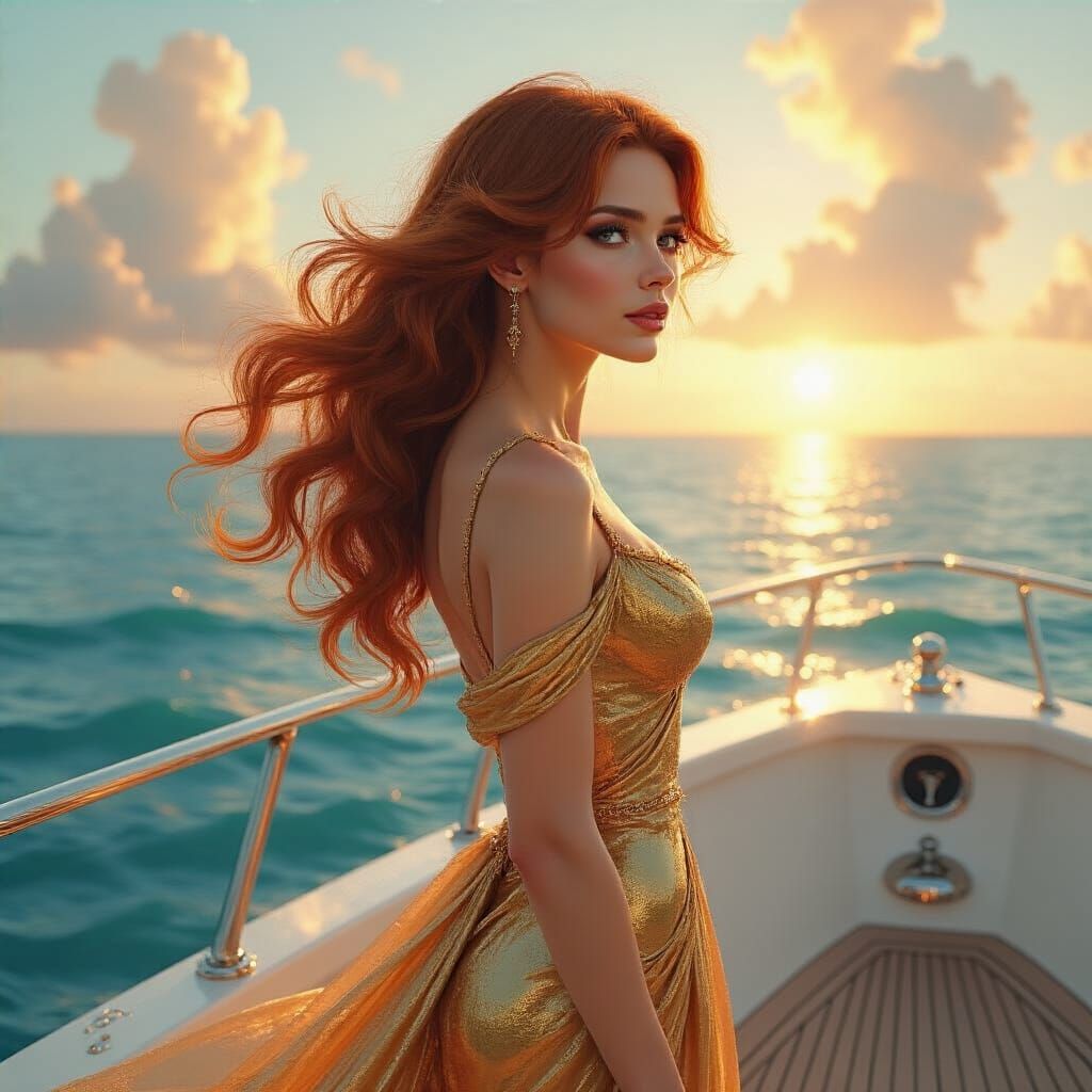 Woman on Yacht in Hyperrealistic Art Nouveau Style
