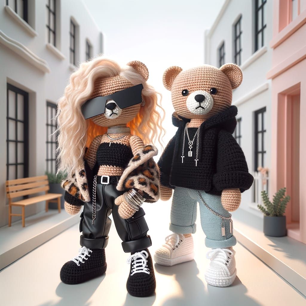 Fashionable Amigurumi Siblings Pose in Chic City Scene