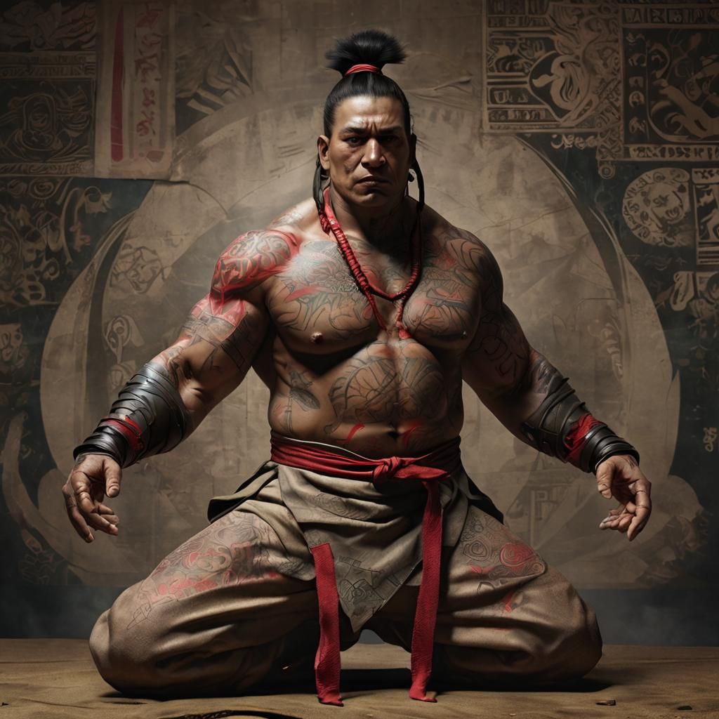 IMAX/vaporwave ;
"Dark arts Judo master _
(assassin:1.3). Native American (gargantuan:1.2) crimson+(tattooed:1.3).
Art ...