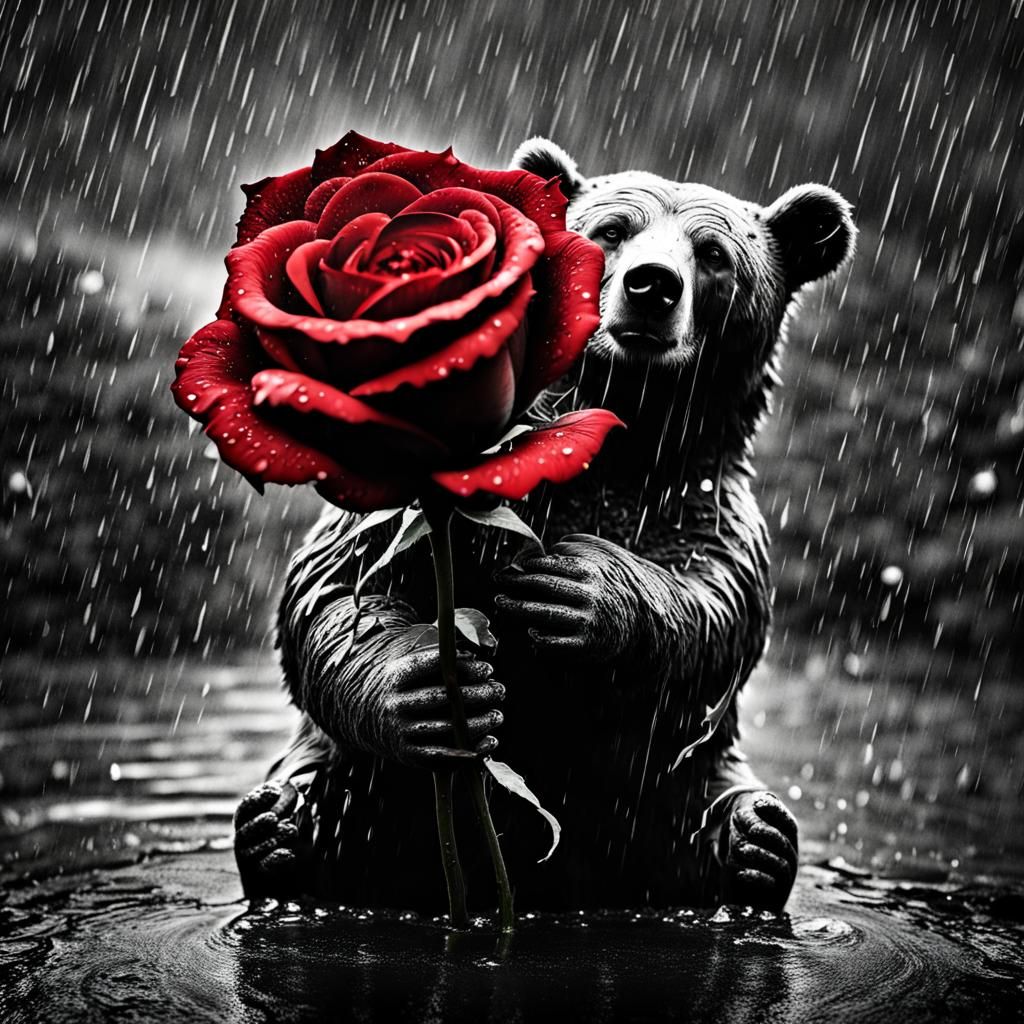 Monochrome Bear with Red Rose in Rainy Night