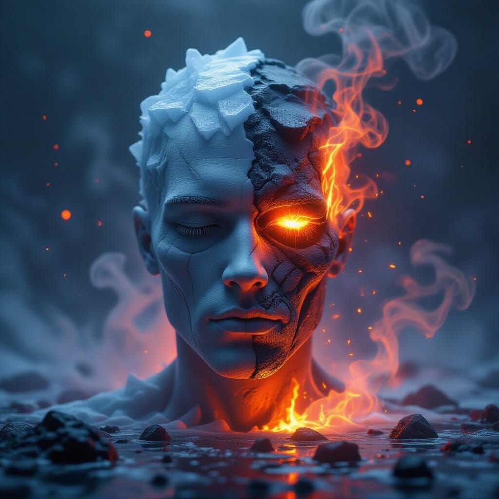 Surreal Head: Ice and Fire Fantasy Art