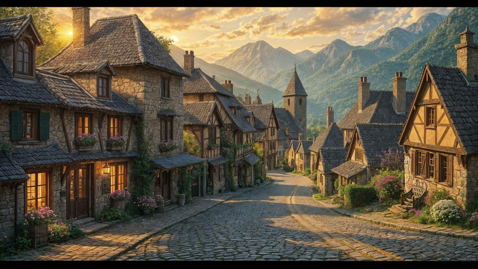 Quaint 13th Century Village Sunset, Photorealistic