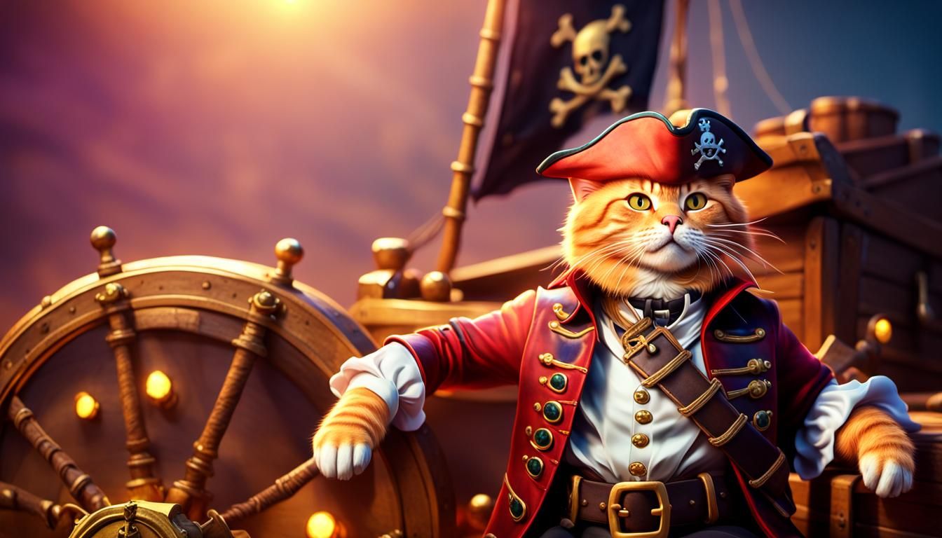 Ginger Cat as Pirate Captain in 3D Digital Art