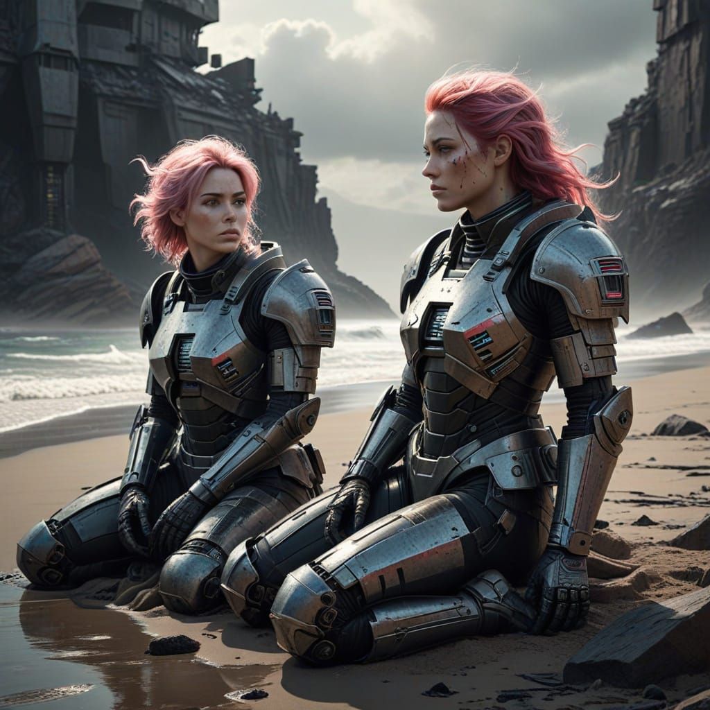 Pink-Haired Warriors Rest on Desolate Shore