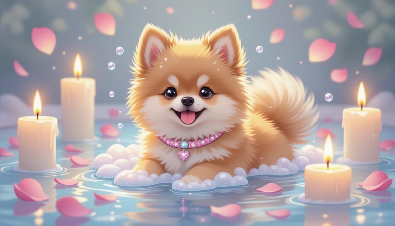 Whimsical Pet in Bubble Bath, Pastel Art