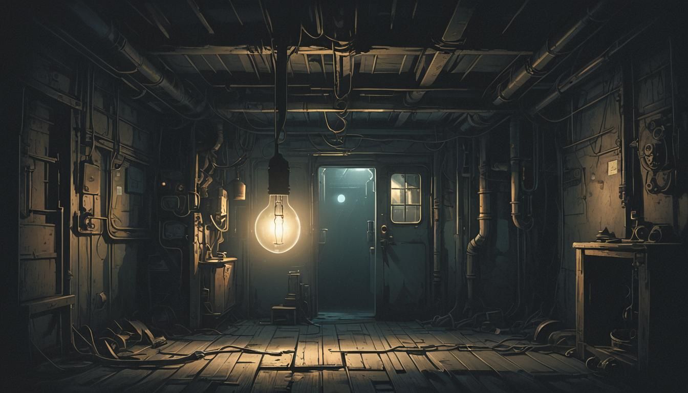 Eerie Anime-Style Basement with Flickering Light