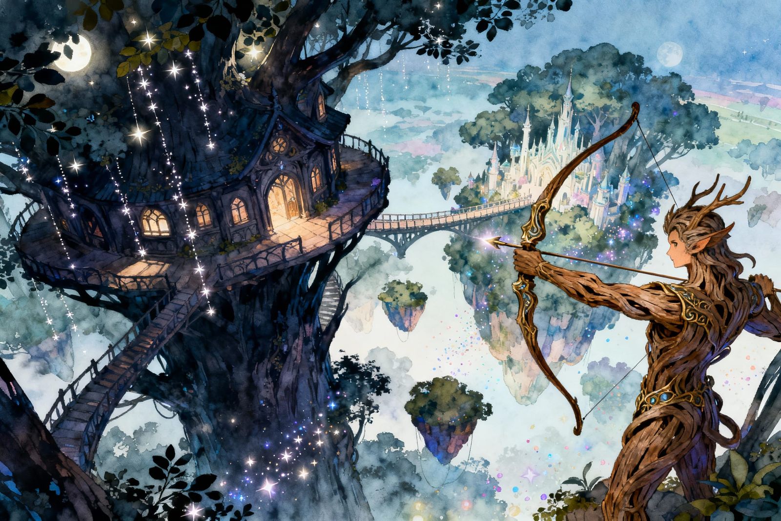 Enchanting Anime Treehouse Cityscape in Watercolor Style