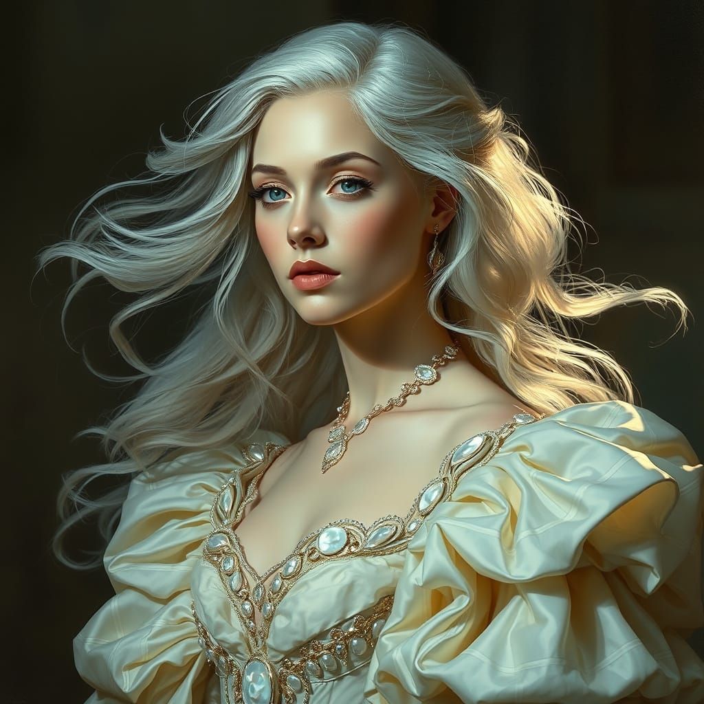 Albino Woman in Opulent Victorian Gown as Classical Oil Pain...