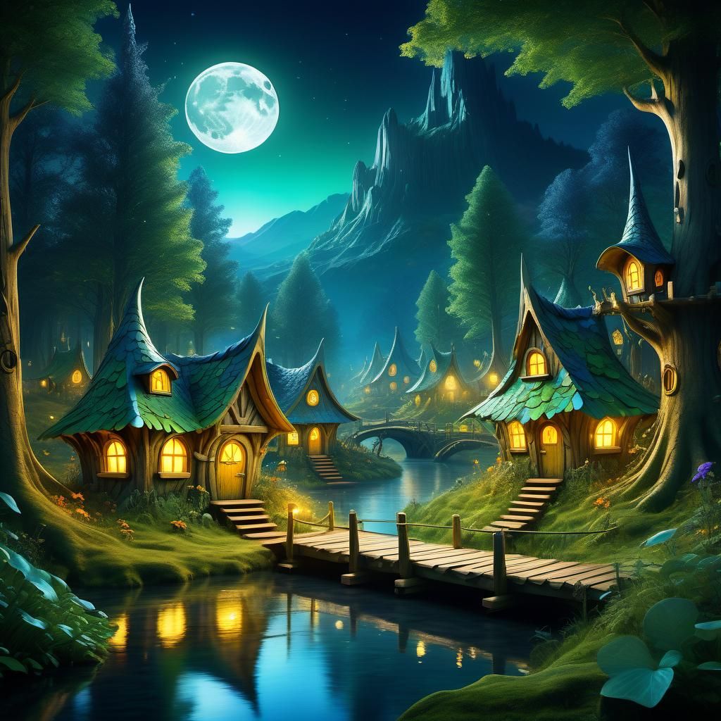 Fairy Village in Forest Glen Under Moonlight