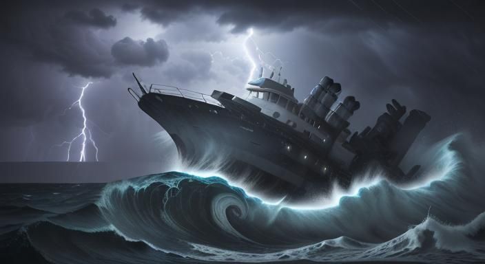 an apocalyptic storm on the sea, a boat on giant waves, heavy rain, lightning, dark, stormy, scary, vivid, intricate det...