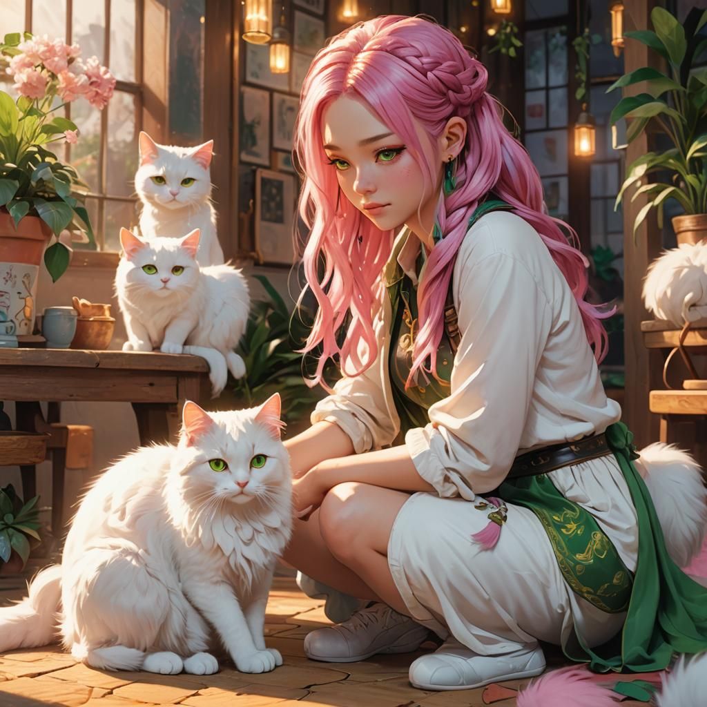Anime Woman Pets Cat in Stylized 3D Art