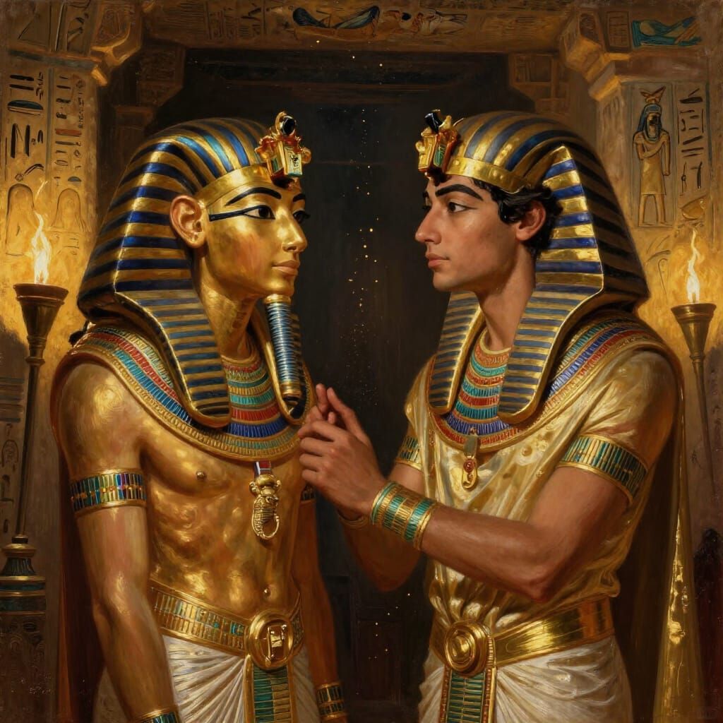 King Tut Gazes at Young Man in Opulent Tomb